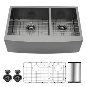 36 Inch Gunmetal Black Farmhouse Sink 16 Gauge Kitchen Sink Apron Front Double Bowl 50/50 Stainless Steel Sink (size: 33)