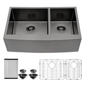 36 Inch Gunmetal Black Farmhouse Sink 16 Gauge Kitchen Sink Apron Front Double Bowl 50/50 Stainless Steel Sink (size: 36)