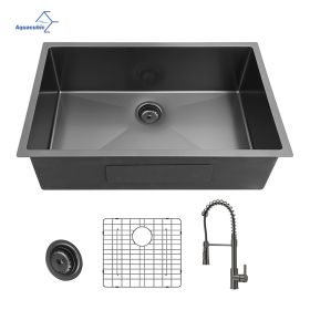 Aqucubic Gunmetal Black Handmade 304 Stainless Steel Undermount Kitchen Sink with Accessories and faucet (Color: ACS3118A1-F)