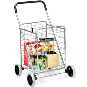 Jumbo Basket Folding Shopping Cart With Swiveling Wheels And Dual Storage Baskets (Color: Silver A)