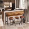 3-Drawer Long Dining Table Set with Power Outlets, Bar Kitchen Table Set with Circular PU Stools, Easy Assemble