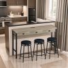 3-Drawer Long Dining Table Set with Power Outlets, Bar Kitchen Table Set with Circular PU Stools, Easy Assemble